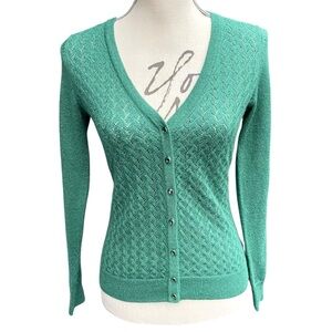 Merona Green Shimmer Pointelle Lightweight Cardigan Crystal Button Sweater (XS)